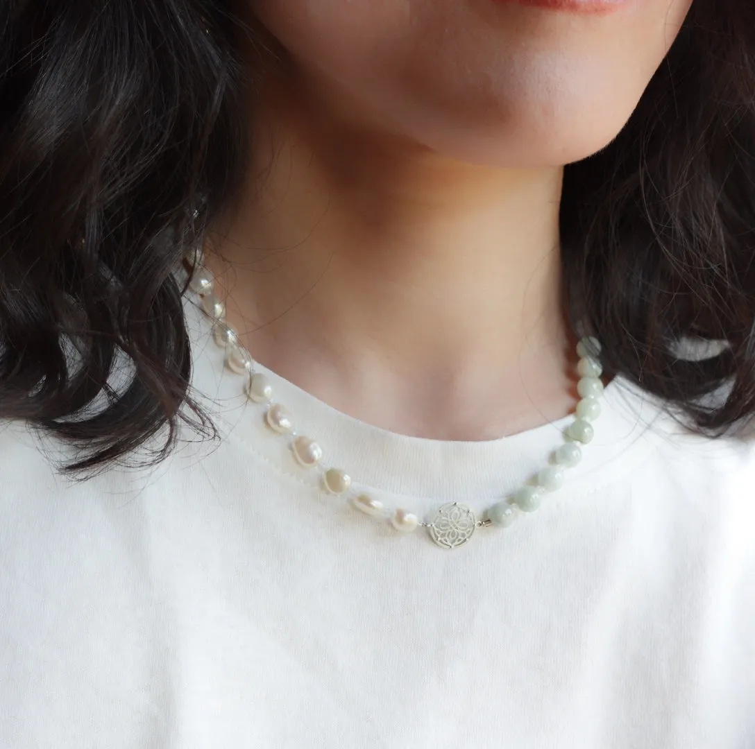 Baroque Pearl and Jadeite Necklace Silver