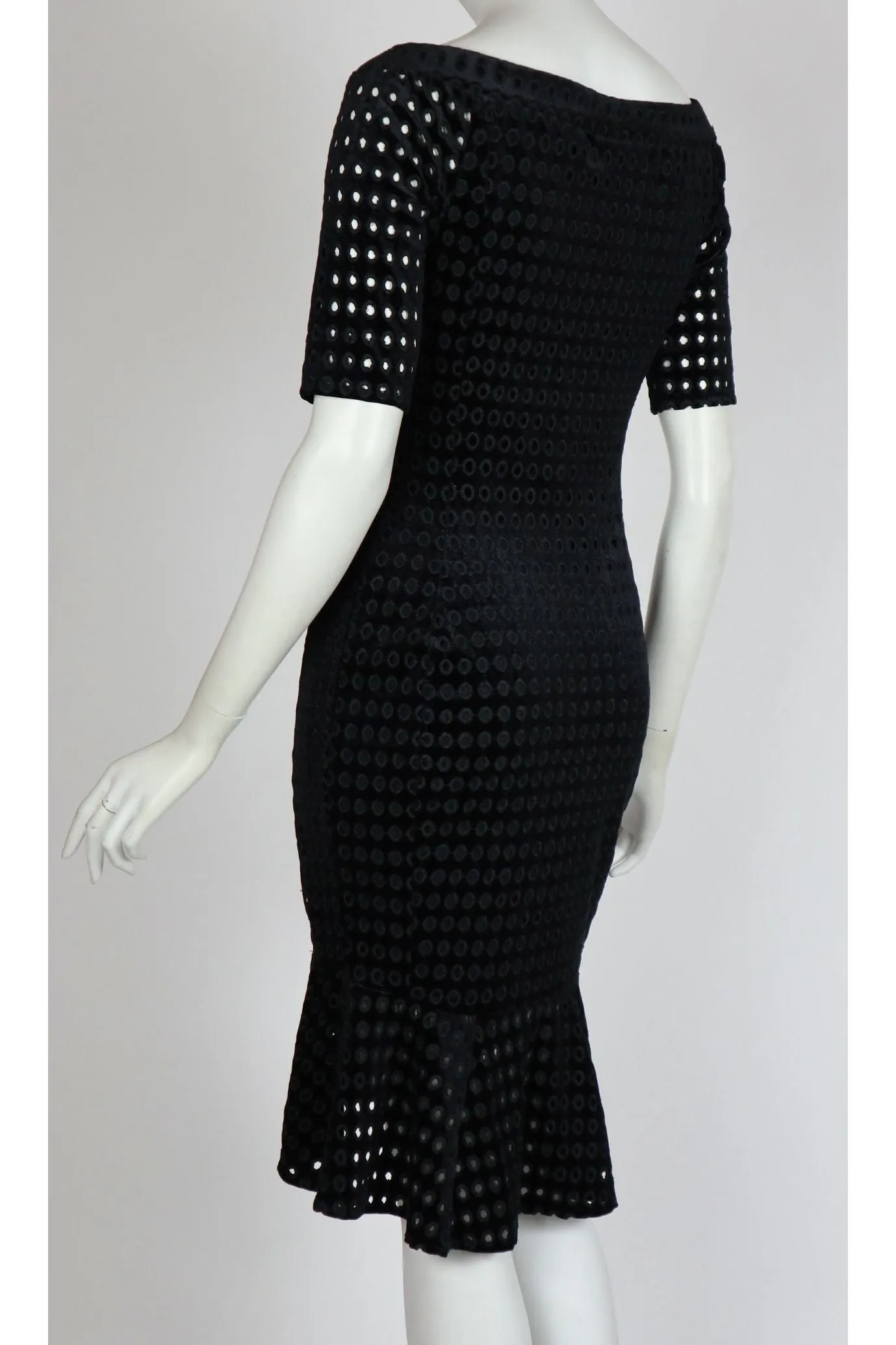 MEGAN Of-On-Shoulder Fitted Eyelet Velvet Dress Black