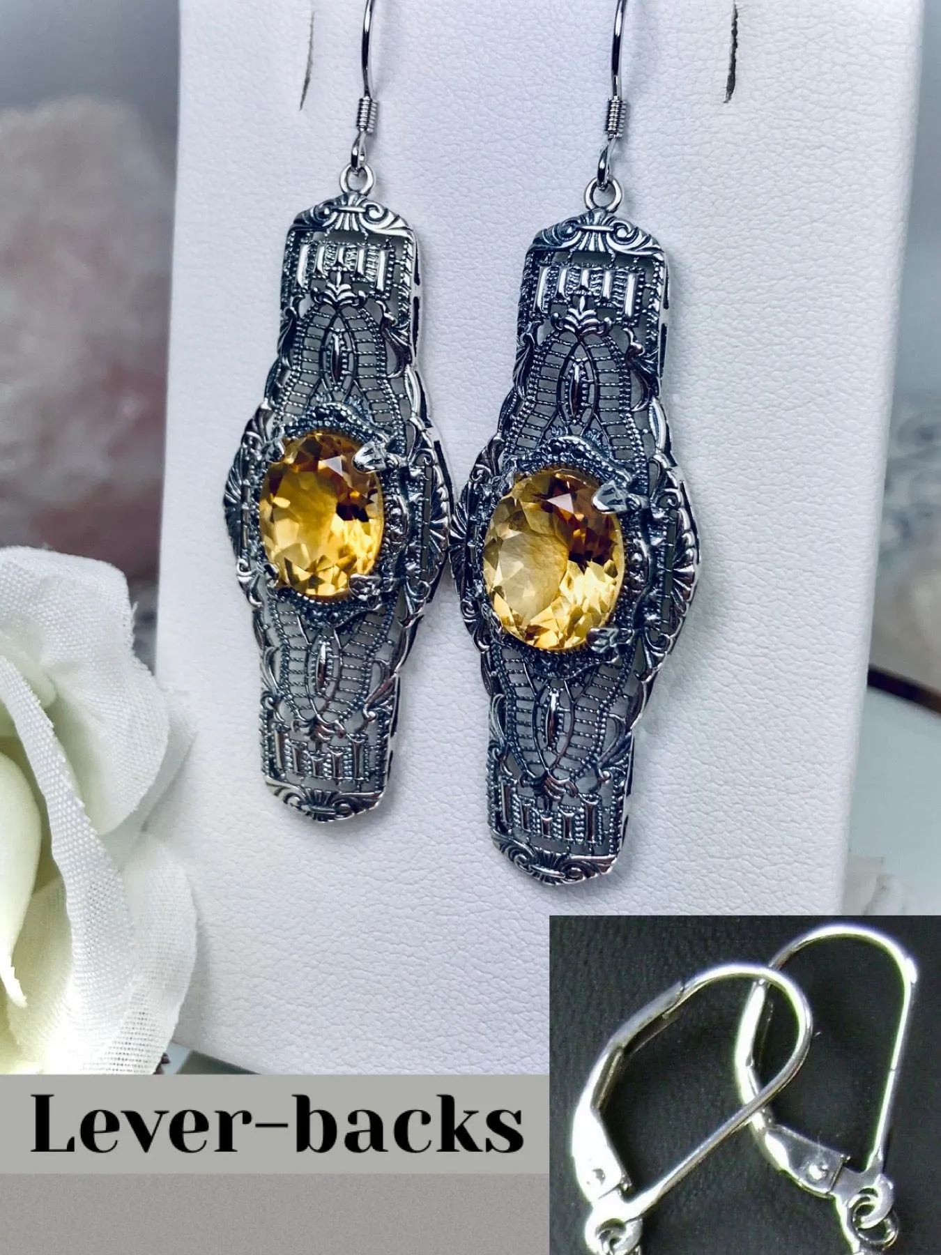 Natural Yellow Citrine Earrings, Oval Castle, Elegant Vintage Jewelry #E4