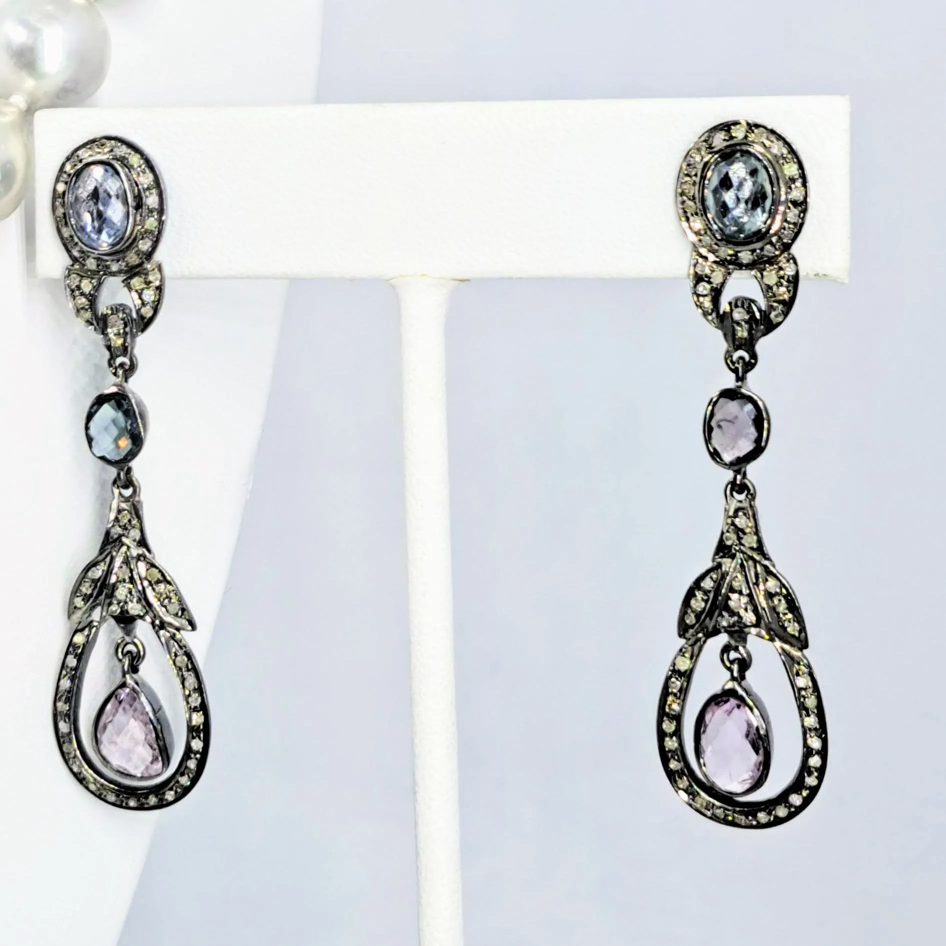 "Deco Darlings" 2.25" Earrings - Sapphire, Diamonds, Oxidized Sterling